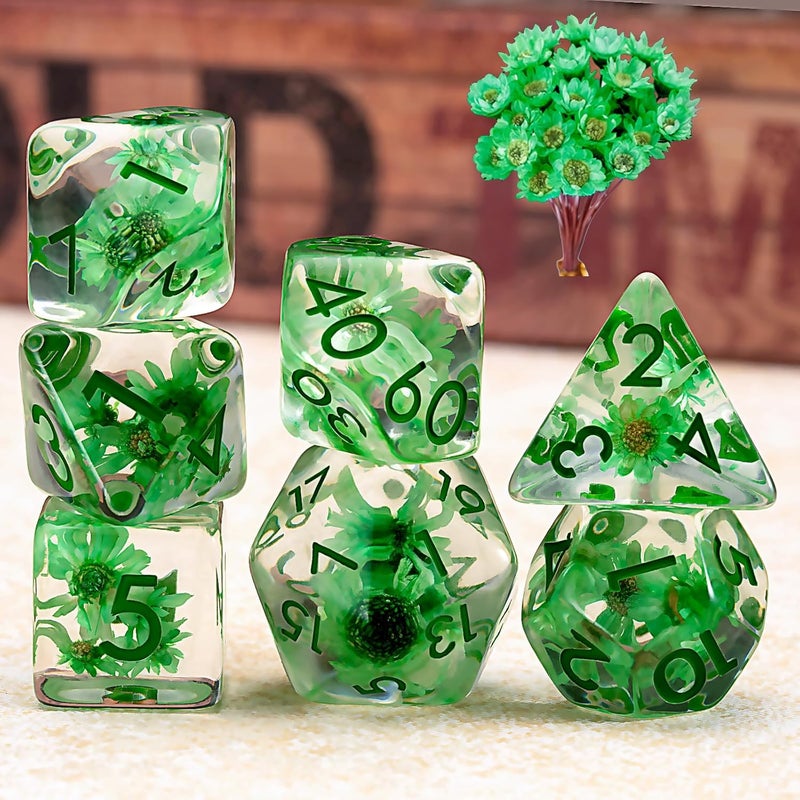 weyano DND Resin Flower Dice Set, D&D Polyhedral Dice for Dungeons and Dragons RPG, MTG Role Playing Games D and D Dice 7pc D20 D12 D10 D8 D6 D4 - Image 2